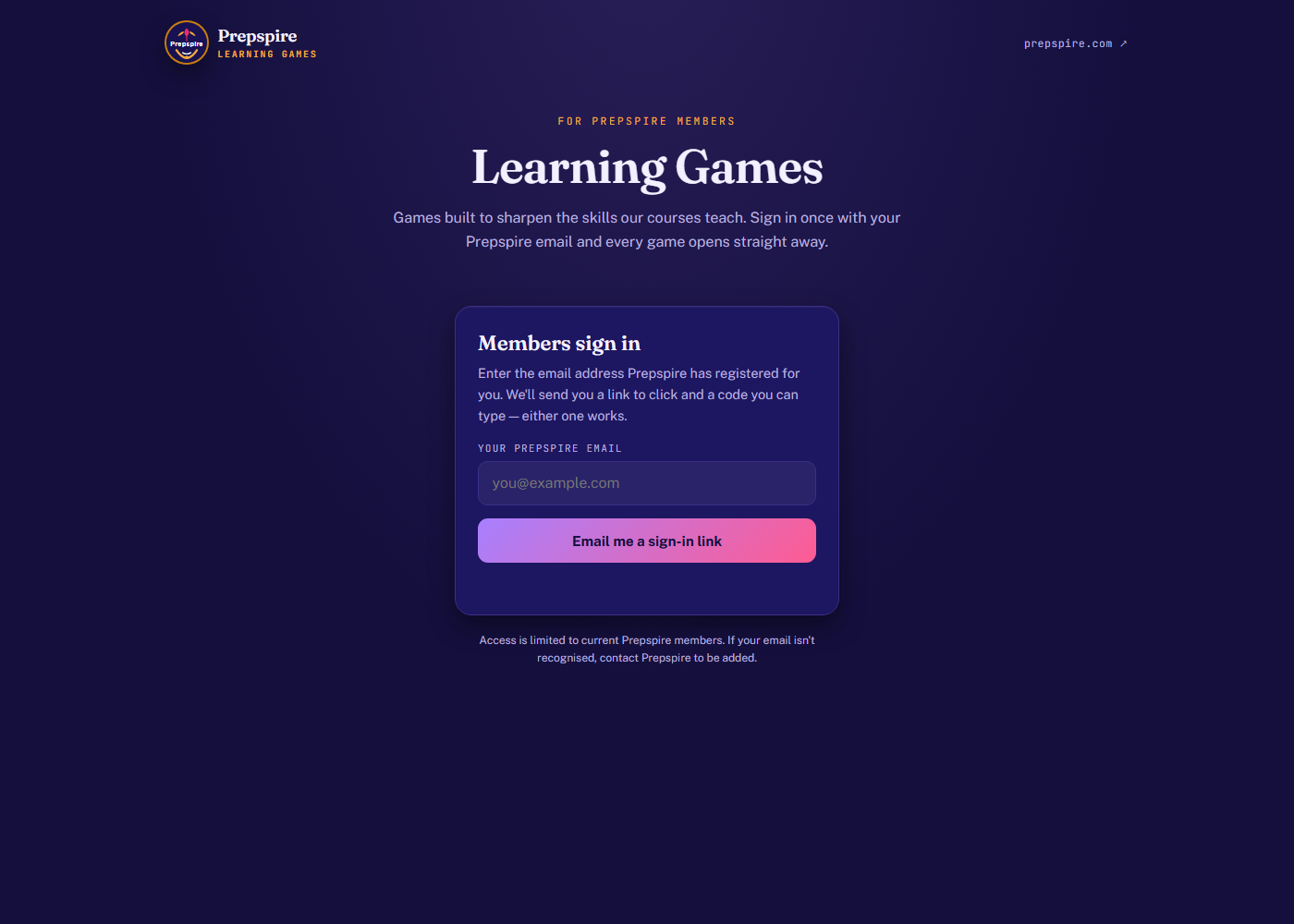 Prepspire Learning Games member sign-in screen