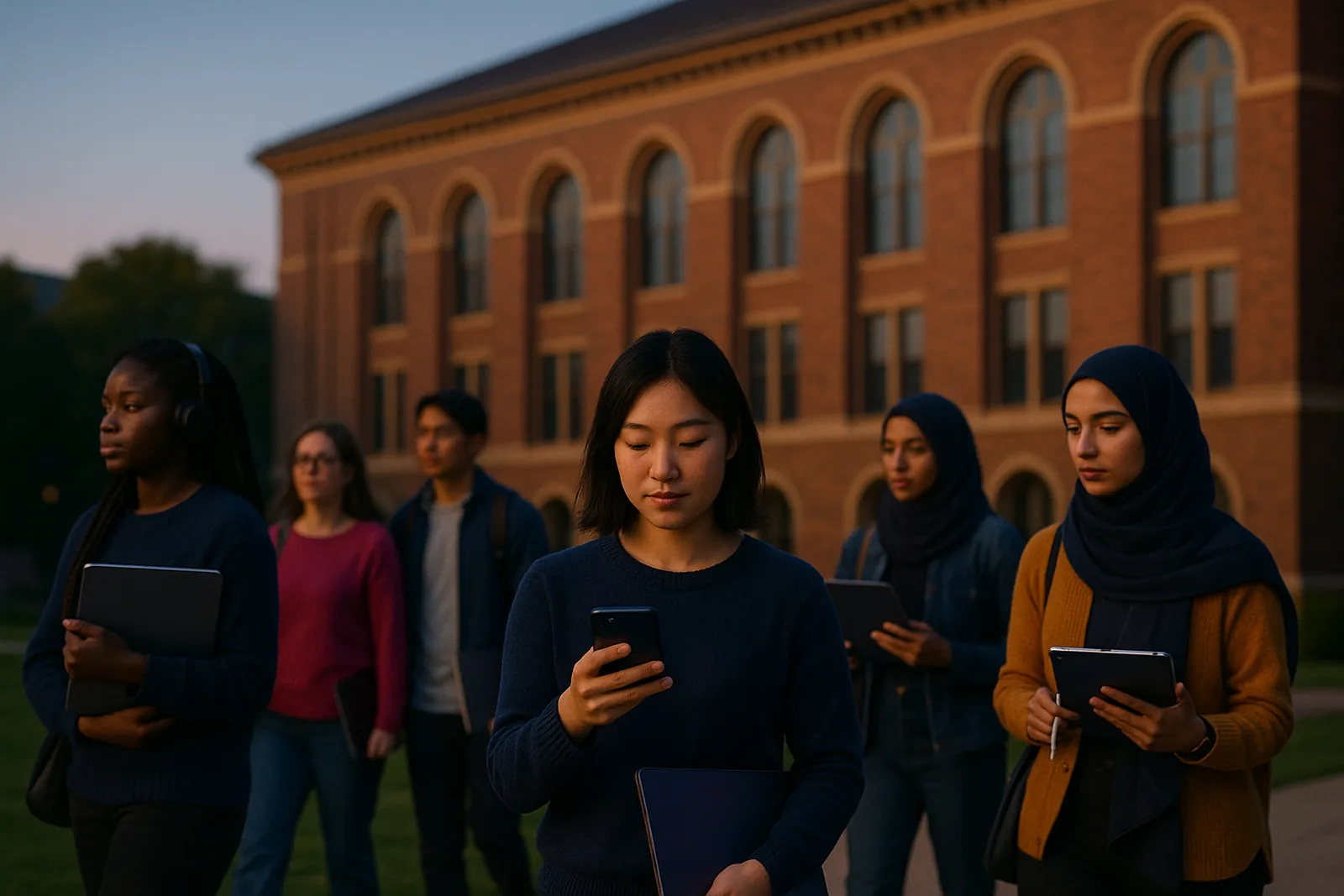 Students walking across a university quadrangle