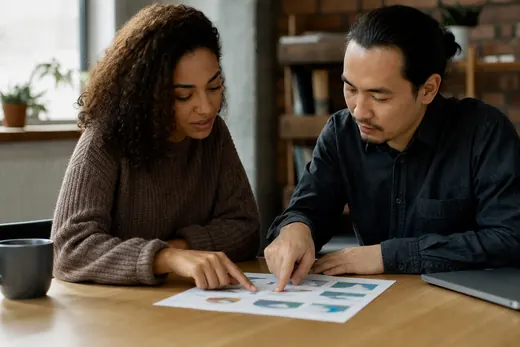 Two learners studying a page of diagrams together